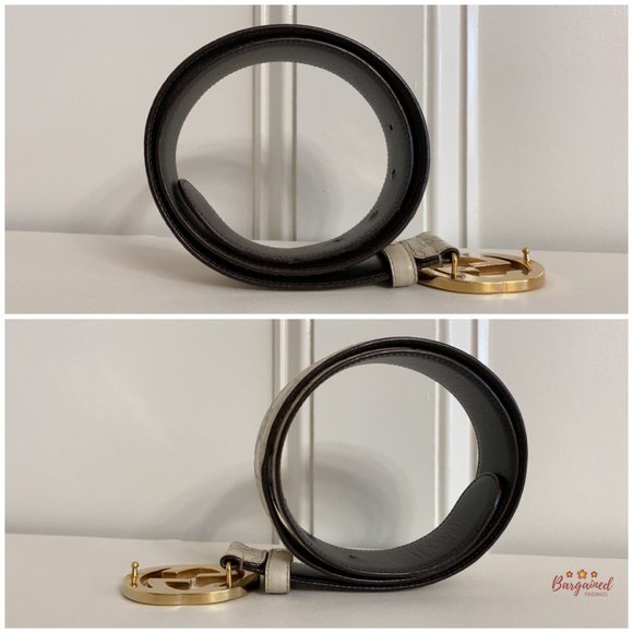 Authentic Gucci Cream Guccissima Leather Gold Interlocking G Buckle Belt 80/32 - Picture 10 of 12